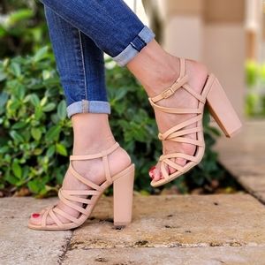 Taupe Strappy Open Toe Chunky Heel Sandals